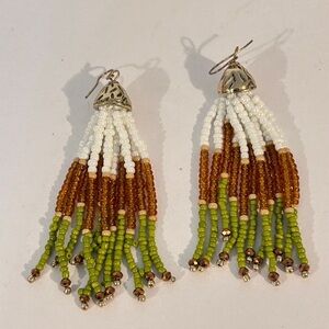 Vintage Green Brown White Glass Micro Beaded Dangle Pierced Earrings